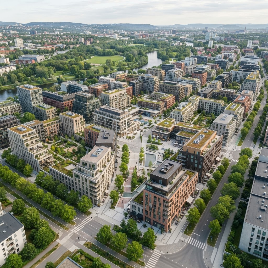 Luftaufnahme eines modernen Stadtquartiers mit begrünten Innenhöfen