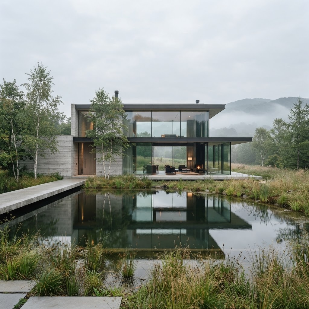 Moderne Villa mit Glasfassade an einem ruhigen Teich in weiter Landschaft