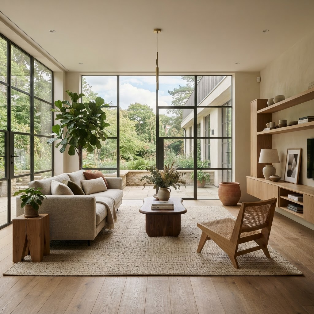 Warmes modernes Wohnzimmer mit Holzboden und viel Tageslicht