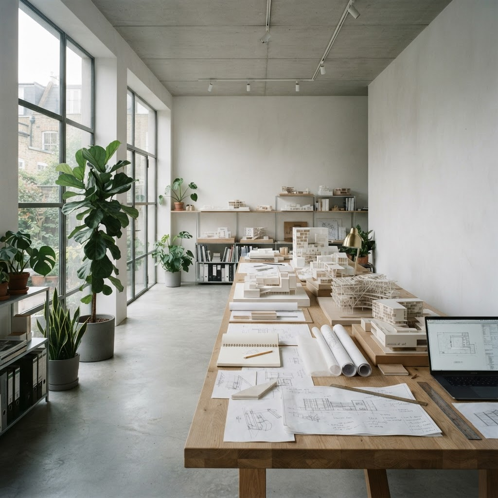 Minimalistisches Planungsatelier mit Architekturmodellen und großem Fenster