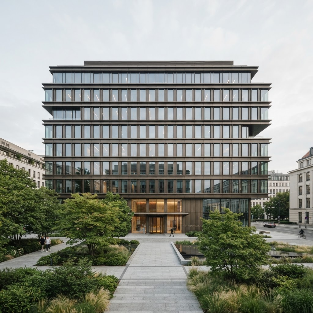 Modernes Bürogebäude mit Glas- und Metallfassade