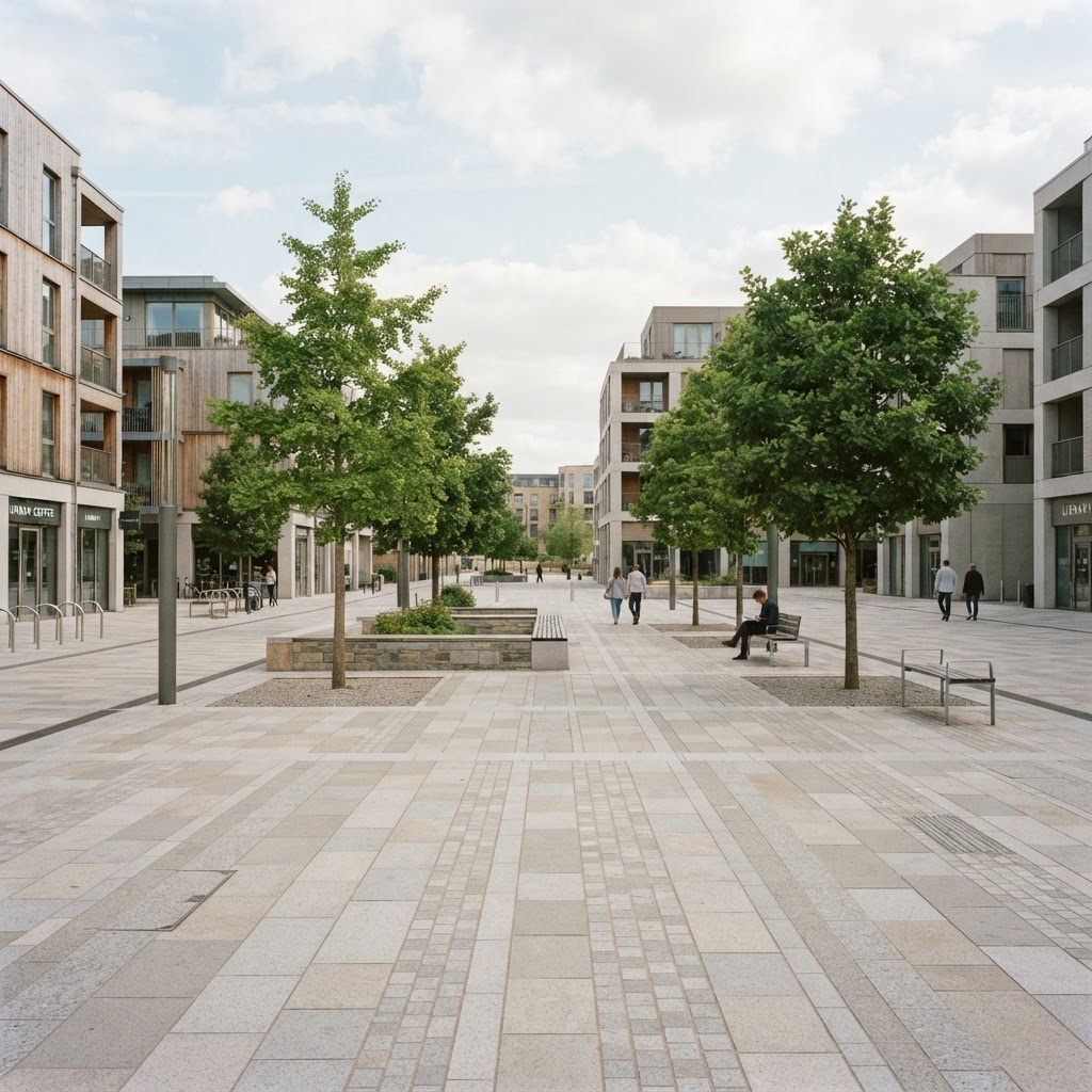 Moderner öffentlicher Stadtplatz mit Pflasterung und jungen Bäumen