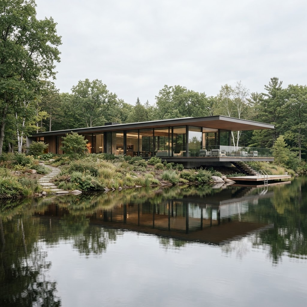 Moderne Villa mit großen Glasflächen an einem See